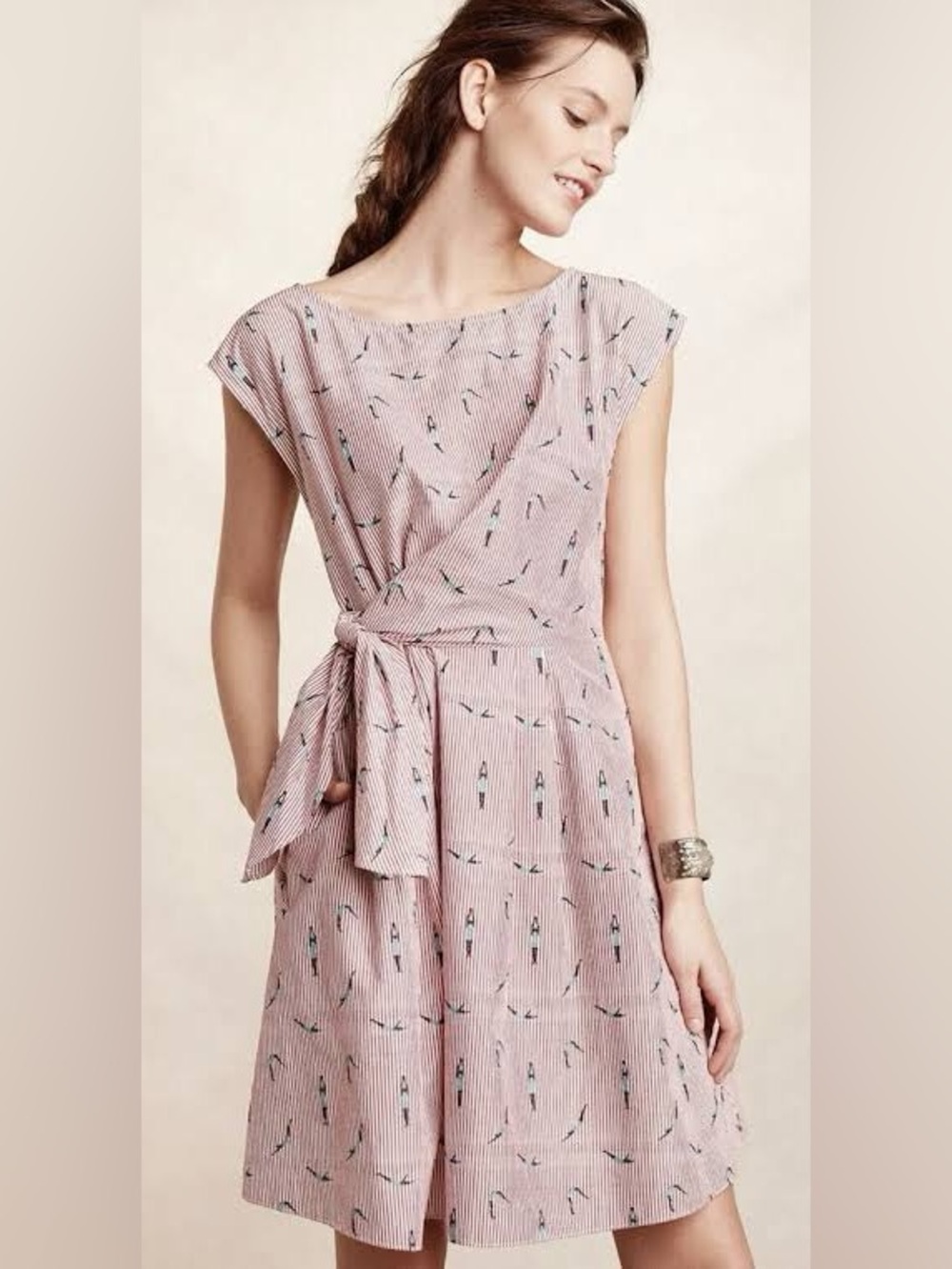 Maeve Anthropologie Swimmer Print Wrap Dress Red Stripe Preppy Vintage  US 10